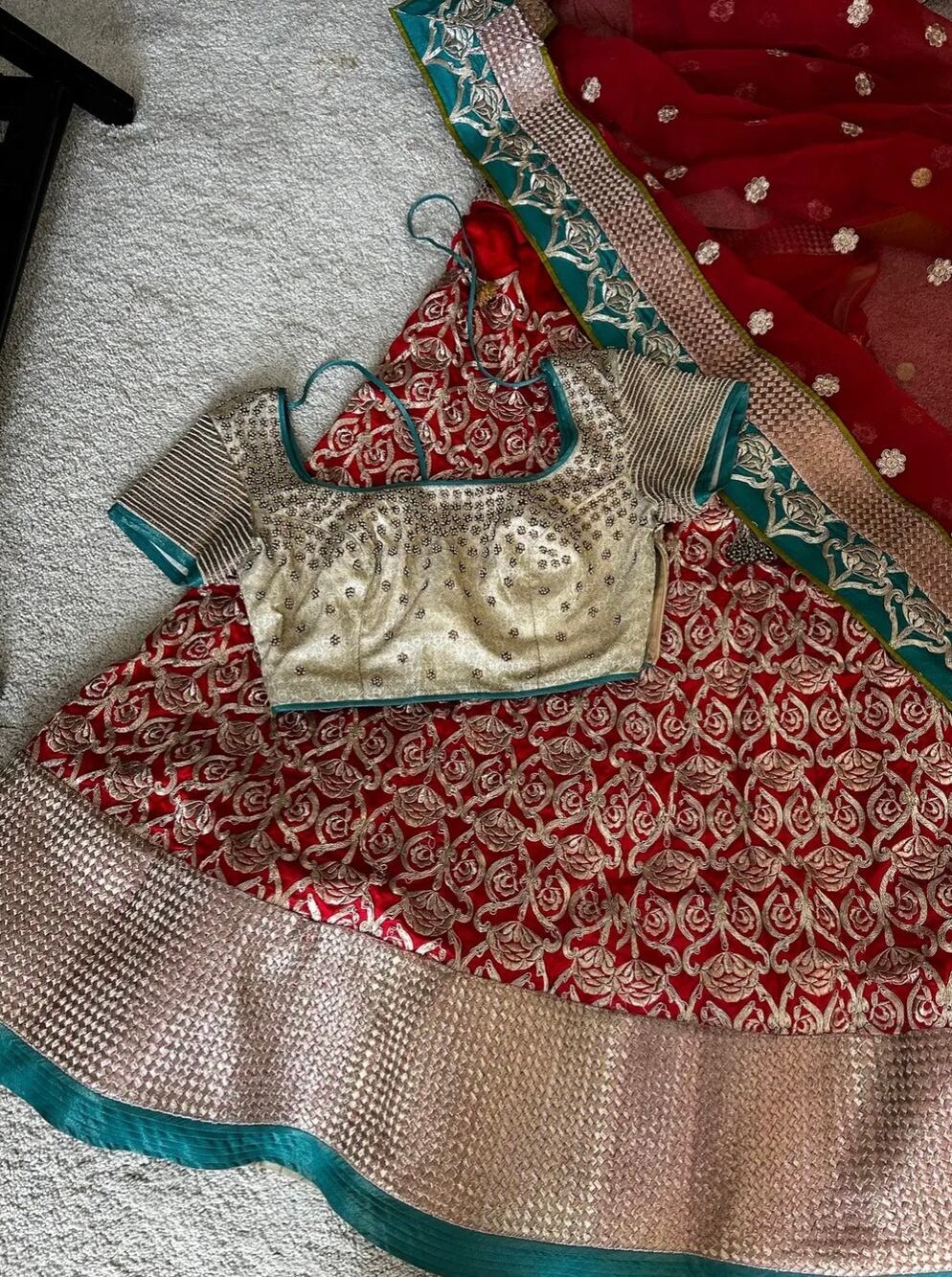JadebyMK designer Indian bridal lengha chaniya choli red green gold embroidery